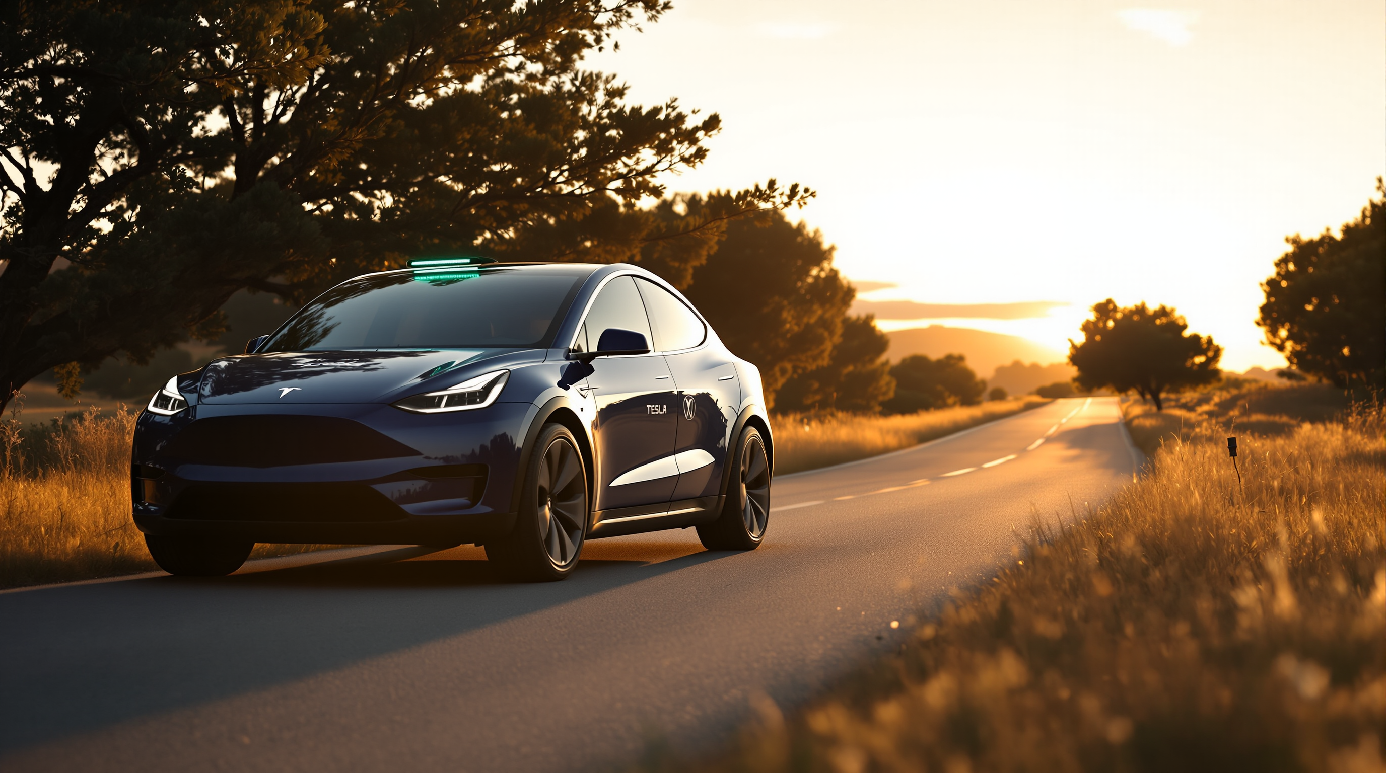 Pearl white Tesla Model Y as roadside assistance vehicle with green LED bar, parked beside another Tesla on a Portuguese country road at golden hour, V2L cable connecting them